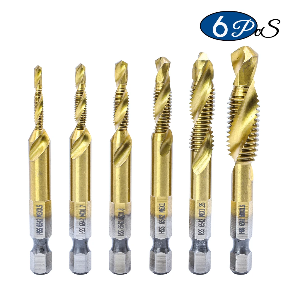 NINDEJIN 6pcs/set metric thread tap drill bits set m3 m4 m5 m6 m8 m10 hex shank  - £66.01 GBP