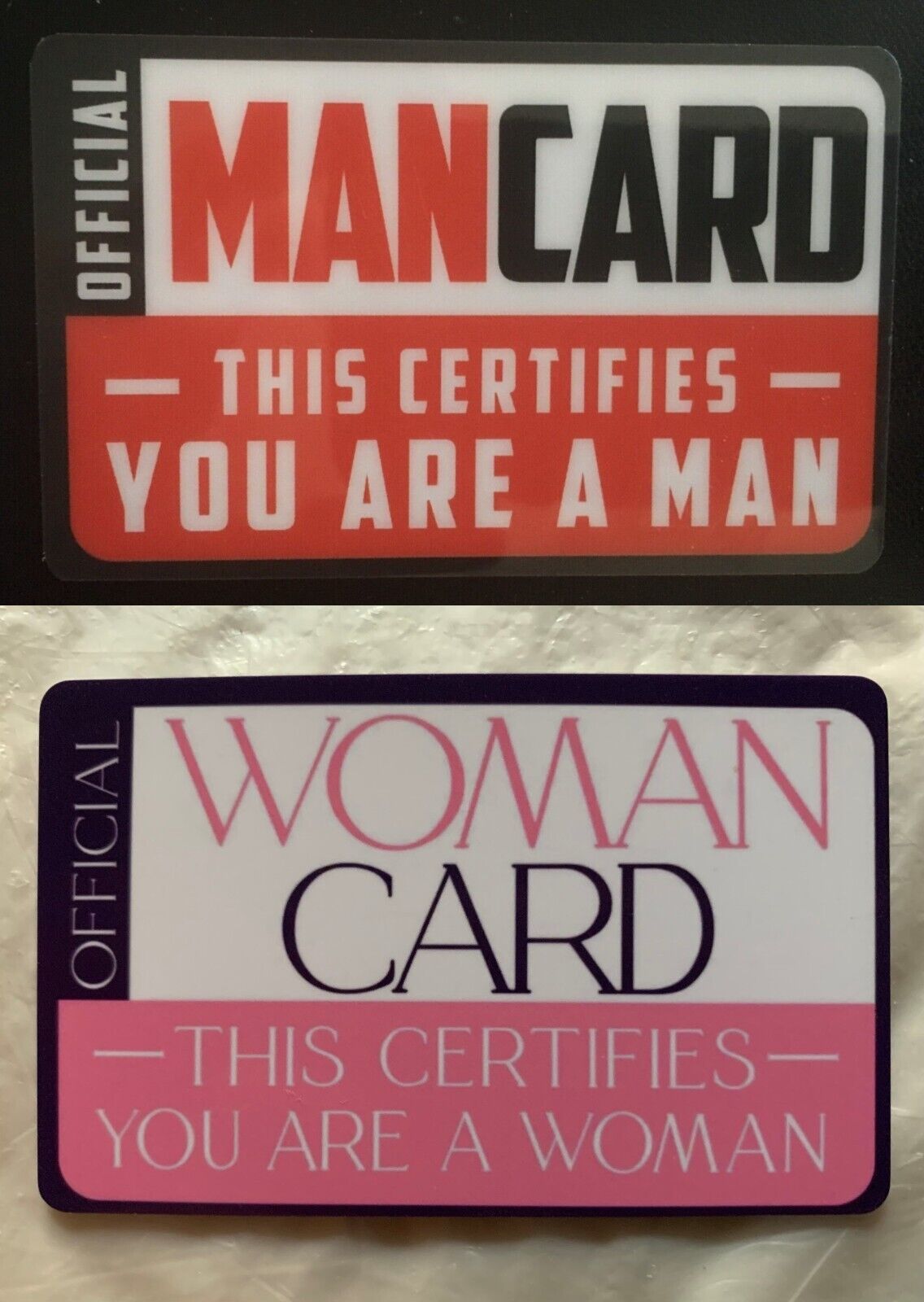 Official Man Card &amp; Woman Card Set Of 2 cards Mancard ID Joke novelty cards - $17.82