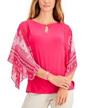 MSRP $65 Jm Collection Printed Flutter-Sleeve Keyhole Top Pink Size Petite Small - £16.49 GBP