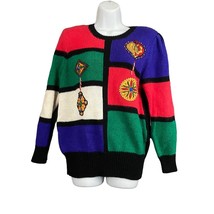 VTG Christine Hand Beaded Sweater SMALL Colorful Solid Back Knitted Crewneck - £38.93 GBP