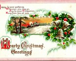 Hearty Christmas Greetings Icicle Border Cabin Scene Bells Holly DB Post... - $16.35