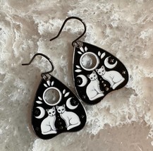 Black Ouija Board Planchette Heart Earrings with White Cats and Moons - £7.72 GBP