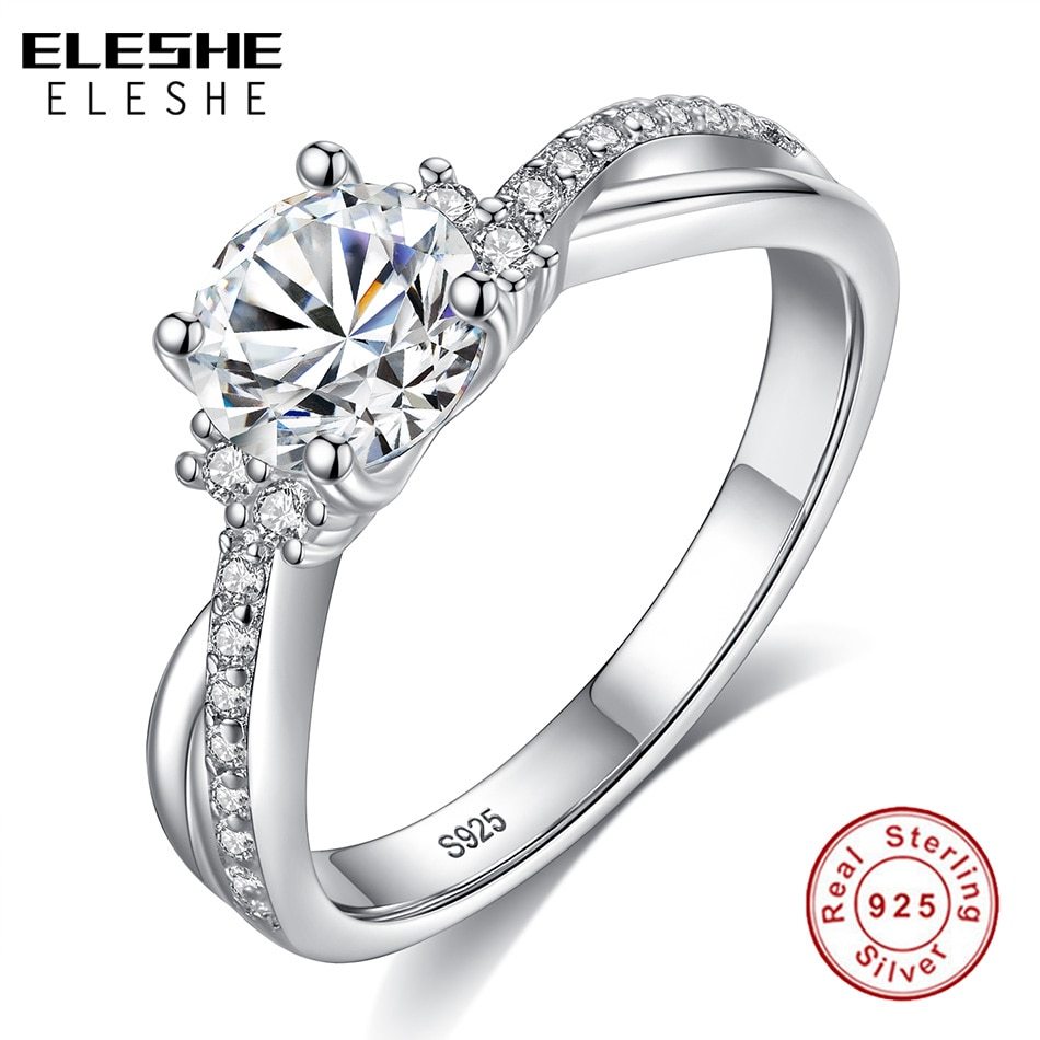 ELESHE Fashion Trendy 925 Sterling Silver Engagement Ring Pave CZ Crystal Finger - £14.42 GBP