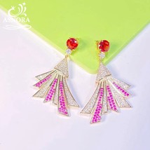 Fashion CZ Rose Red And Green Earrings, Holiday Earrings For Women Leaf Shape Pe - £34.59 GBP