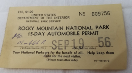 Rocky Mountain National Park 1956 15 Day Automobile Permit September - $18.95