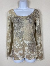 Maurices Women Size M Beige Batik Floral Blouse Long Sleeve Scoop Neck USA Made - £5.68 GBP