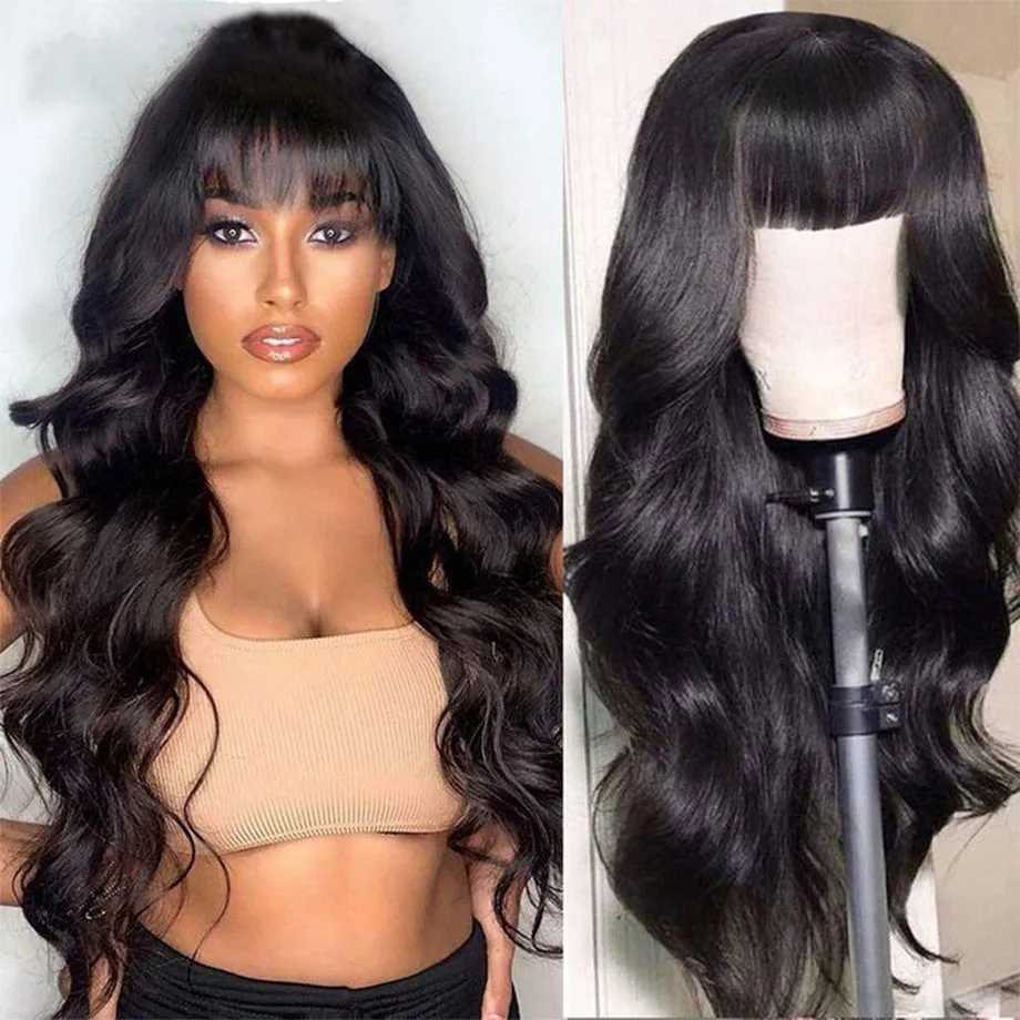 Body Wave Human Hair Wigs With Bangs 30 Inch Full Machine Made Wig Brazili - £46.64 GBP+