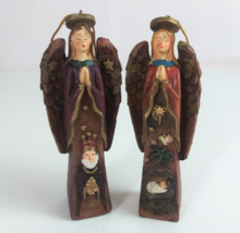 Set Of 2 Hand Carved &amp; Painted Nativity Scene Angel 5" Ornaments - $14.54