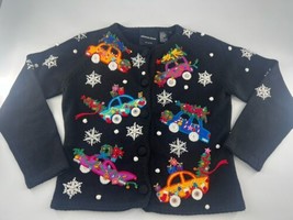 Michael Simon Cardigan Womens Small Black Christmas On Cars Sweater 90s ... - £123.01 GBP