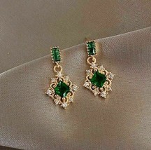 3Ct Princess Cut Lab Created Emerald Drop/Dangle Earrings 14k Yellow Gold Plated - £75.84 GBP