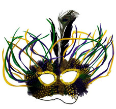 Purple Green Yellow Wild Feather Masquerade Dance Mardi Gras Mask - £11.76 GBP