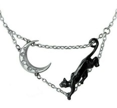 Minnaloushe Yeats Necklace Black Cat Creeping Crescent Moon Alchemy Gothic P879 - £35.24 GBP