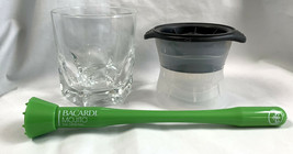 Bacardi Rum Etched Bat Logo 12 oz Glass Plastic Ice Mold &amp; Mojito Muddler - £26.07 GBP