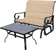 Metal Frame And Textileene Fabric 2-Seater Outdoor Swing Glider Loveseat, Beige. - £224.63 GBP