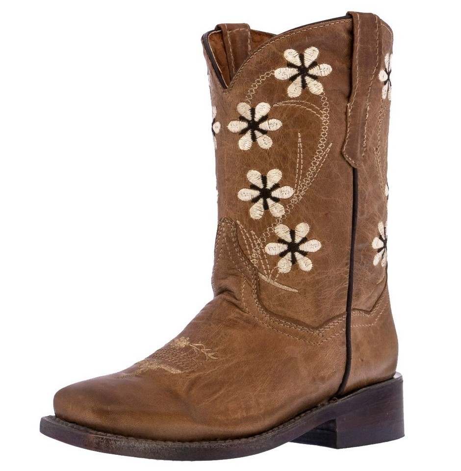 Girls Kids Full Almond Flower Floral Embroidery Leather Cowboy Boots Squ... - $54.99