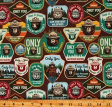 Cotton Smokey The Bear  Words Brown Fabric Print by Yard D787.18 - £11.56 GBP