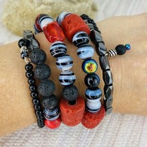 Black Red Lava Stone Cinnabar 5 Stack Bracelets Wrap Iridescent Glass  - £31.63 GBP