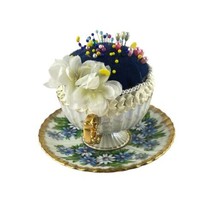 Vintage Metasco Tea Cup PIn Cushion Blue Velvet with 50+ Pins White Blue... - $24.01