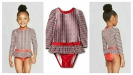 Girl Swimsuit 9M Striped Long Sleeve Snap One-Piece, Red/White/Blue - Ca... - $0.99
