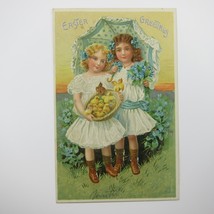 Easter Postcard Two Girls Hold Basket of Yellow Chicks Tuck Embossed Antique - £8.00 GBP