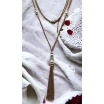 Vtg Beaded Tassel Statement Necklace Light Bronze Tone Double Strand Long Chain - $19.97