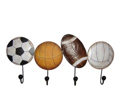 Sports Wall Plaque with 4 Hooks All Metal 24" Long Basketball Football Soccer