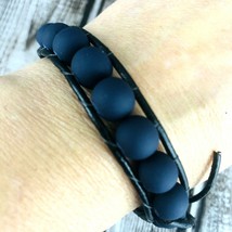Black Leather Matte Navy Blue Bead Silver Button Clasp Bracelet Large Ad... - $29.99