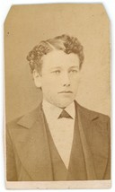 CIRCA 1870&#39;S CDV Handsome Young Boy Curly Hair Suit &amp; Tie Carleton Waterville ME - £7.45 GBP