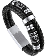 Men&#39;s Double Layer Black Braided Leather Wristband with Steel Beads - €22,04 EUR