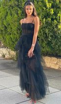 Spaghetti Strap Mesh Corset Gown Ankle Length Prom Dress Tiered Black Evening Dr - £118.30 GBP