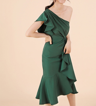 A Line One Shoulder Midi Dress Summer Wedding Bridesmaid Dress, Dark Green Blush image 8