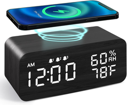 JALL Wooden Digital Alarm Clock with Wireless Charging, Dimmable, Adjustable Vol - £28.25 GBP
