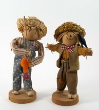 Straw Figurines Boy &amp; Girl Fishing Blackbird Crow 6.5&quot; &amp; 7&quot; on Base Handmade - £7.06 GBP
