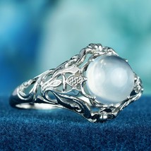 Natural Moonstone Vintage Style Filigree Ring in Solid 9K White Gold - £431.60 GBP