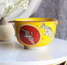 Red Flying Crane With Red Moon Ramen Noodles Soup Large 6&quot;D Bowl With Chopsticks - £17.57 GBP
