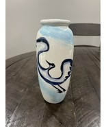 Blue White Bird Vintage Ceramic Vase Hand painted Signed SY - $558.53 MXN
