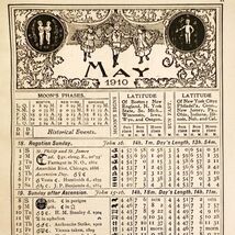 May June 1910 Calendar Page Moon Phases Sun Double Sided Ephemera ADBN1eee - €25,77 EUR