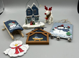 Ornament Bundle of 6  Manger  Reindeer Snowman Sled House Bells Child&#39;s Room - £10.97 GBP
