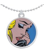 Crying Woman Phone Pop Art Round Pendant Necklace Beautiful Fashion Jewelry - $10.77