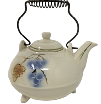 Vintage California Pottery Teapot 3 Toed Handpainted Fruit Metal Coil Handle USA - £23.90 GBP