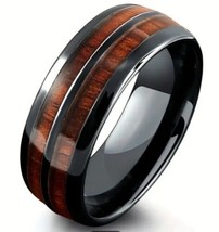 Mens Wood Inlay Whiskey Barrel Ring Gun Metal Black Stainless Steel Size 12 - £7.57 GBP