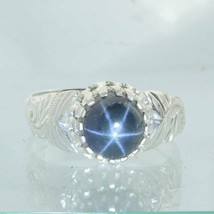 Dark Blue Star Sapphire Handmade Silver Ladies Floral Statement Ring size 7.25 - £121.11 GBP