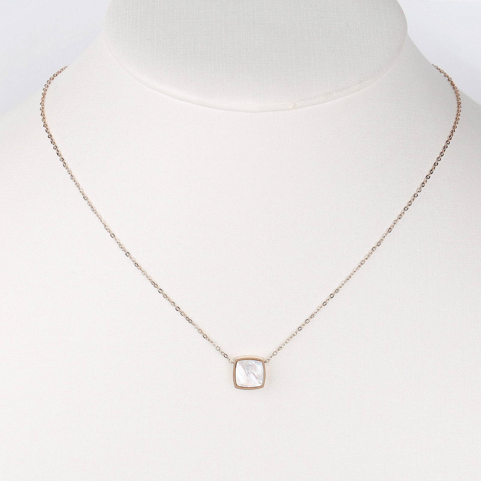 Rose Tone Necklace & White Faux Mother-of-Pearl Square Pendant