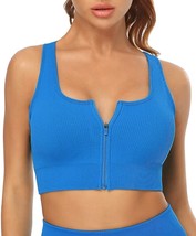Zip Front Workout Crop Tops for Women Padded Sports Bra Ribbed (Blue,Size:L) - £13.75 GBP