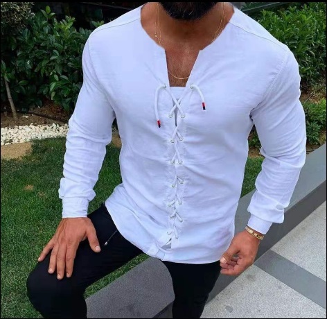 Early Norseman Medieval Viking Laced Up Long Sleeve White Tunic Shirt