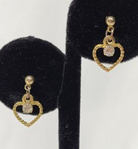 Vintage Heart Pierced Earrings Gold Tone Twisted Rope Design With  CZ /No Backs - £9.72 GBP