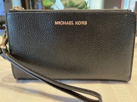 Michael Kors Leather Double Zip Wristlet Wallet Phone Case Purse Black P... - £62.06 GBP