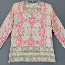 Breckenridge Women Shirt Size S Cream Stretch Pink Studded Scoop 3/4 Sle... - £10.01 GBP