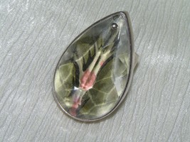Designer Signed HUGE Clear Faceted Teardrop with Leaf Vein Silver Ring Size 7 – - £29.25 GBP
