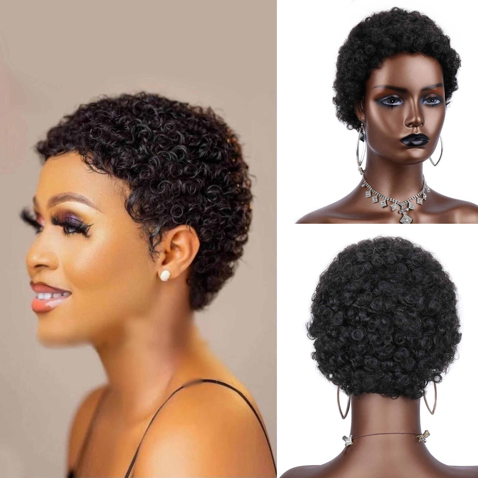 Super short afro curl pixie wig 100% human hair Brazil remy no lace wig b - £27.44 GBP